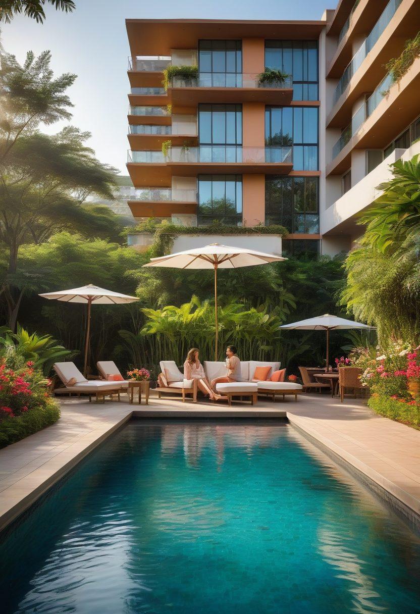 A picturesque scene of a family enjoying a sunny day at the Lotus Hotel poolside, surrounded by lush greenery and vibrant flowers. In the foreground, a couple shares a romantic sunset view with a glass of wine, while kids splash in the water and play games nearby. The hotel building is elegantly designed, evoking a sense of luxury and relaxation. Evocative colors capture the joyful atmosphere. vibrant colors. super-realistic. serene background.