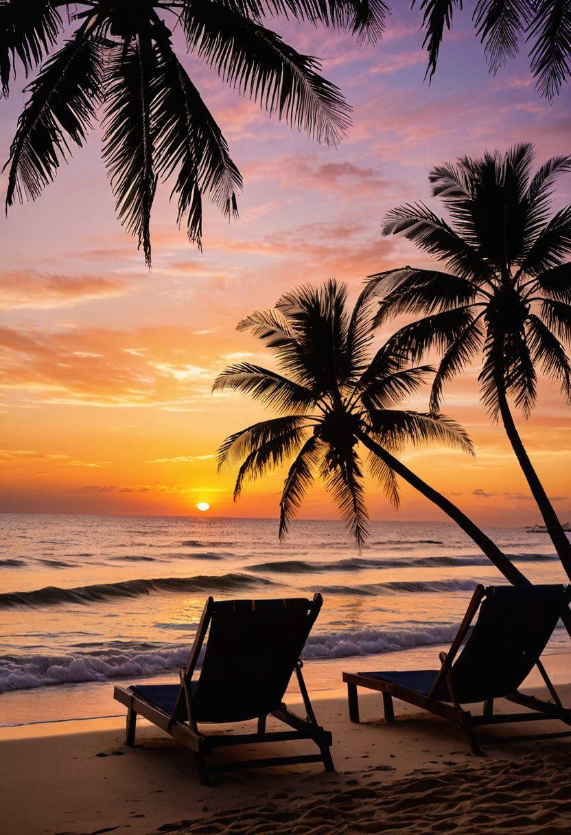 A stunning beach scene featuring a vibrant sunset, with a pair of stylish bikinis hanging on a palm tree. Include colorful beach umbrellas, lounge chairs, and crystal-clear waves gently lapping the shore. Add silhouettes of people enjoying the ocean, with a gentle breeze swaying the palm leaves. Vibrant colors. super-realistic. tropical theme.
