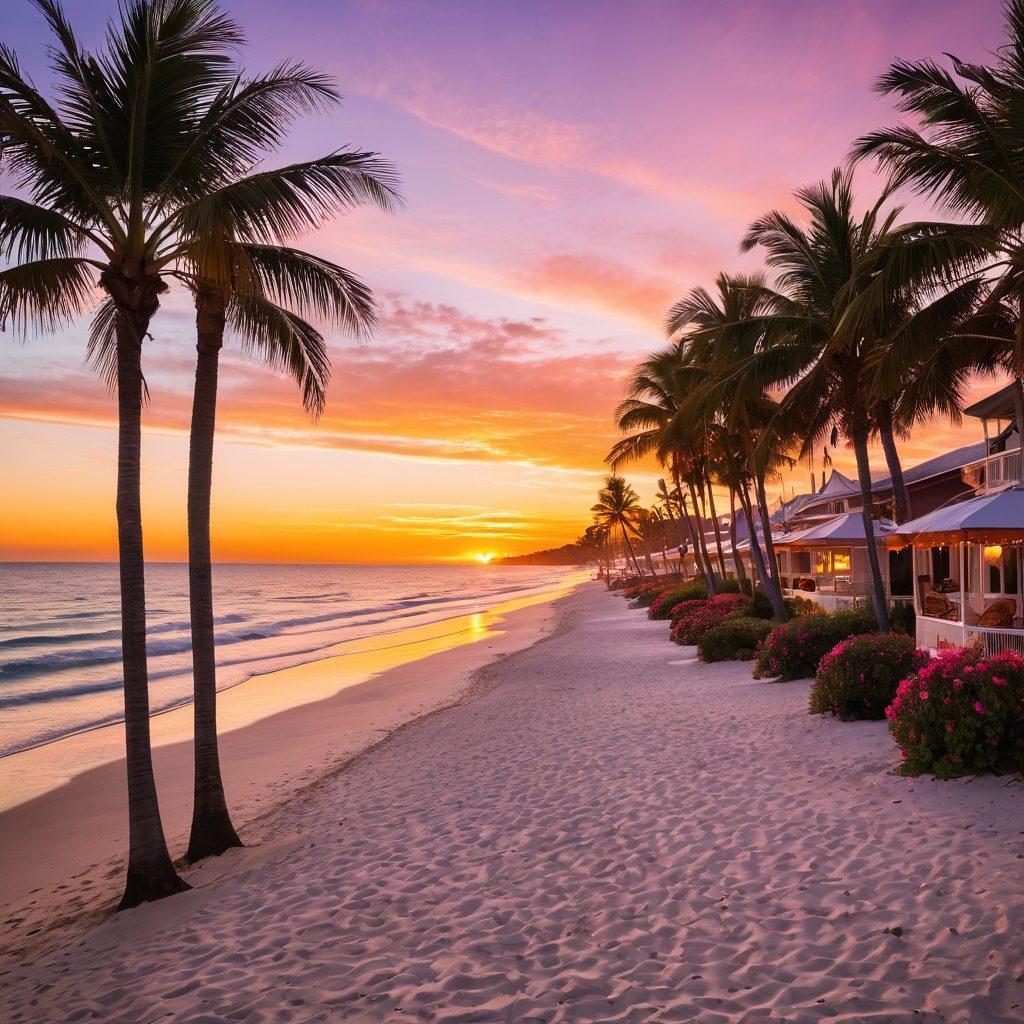 A stunning beachfront scene featuring the Lotus Motel with palm trees swaying gently in the breeze, golden sand stretching to the crystalline blue ocean, and colorful beach umbrellas dotting the shore. Include a vibrant sunset casting soft hues across the sky, and happy vacationers enjoying the idyllic atmosphere. super-realistic. vibrant colors. peaceful ambiance.